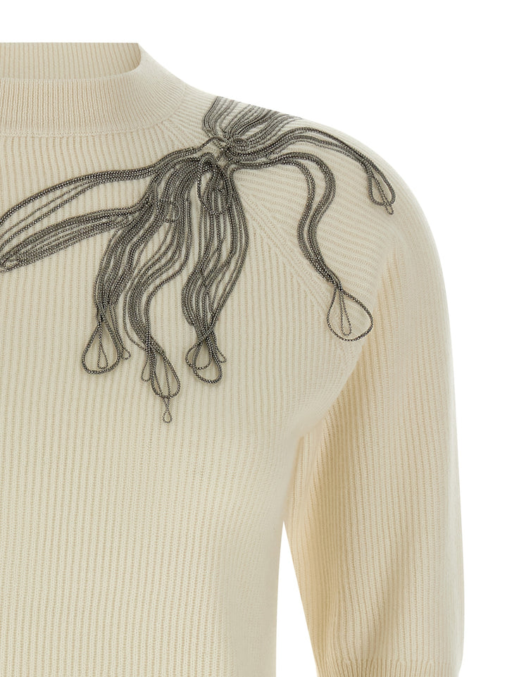 Brunello Cucinelli Shiny Flower Embroidery Sweaters and Cardigans - White | e6ce2dae53a9c09d7c6ddcff7861ee4835afec52