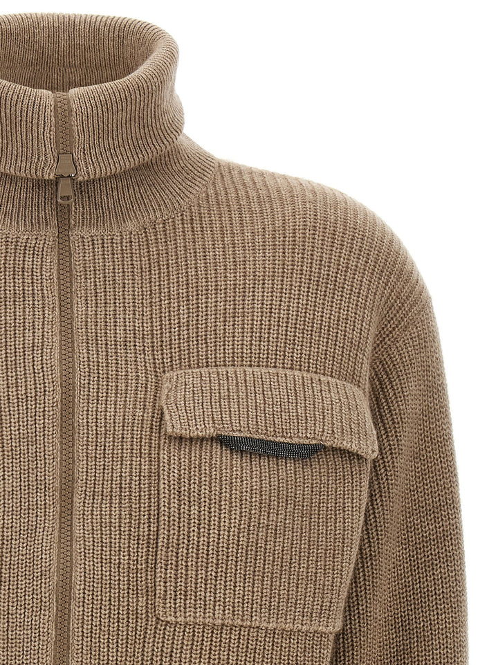 Brunello Cucinelli Shiny Flap Detail Sweaters and Cardigans - Beige | f98efb4664cb5dad0ca77087fc4a9f6cf961d8dc