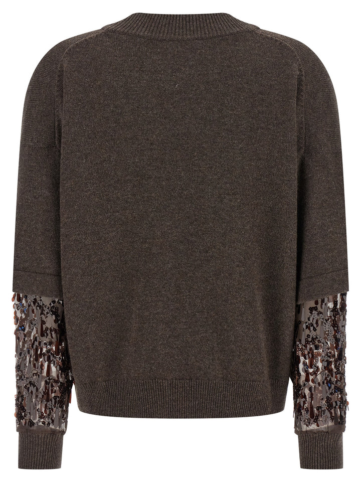 Brunello Cucinelli Sequin Sleeve Sweater Sweaters and Cardigans - Brown | d7e043a59aca47fed6f4b0f62827b1ba164a8a3e