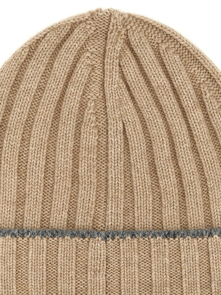 Contrast Line Beanie Hats Beige