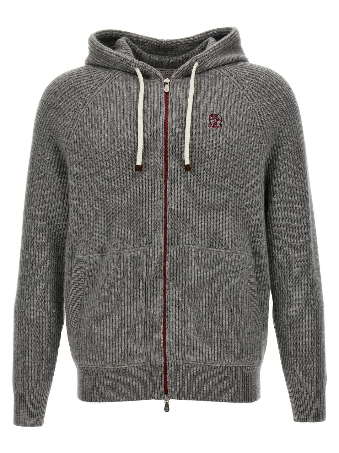 Logo Embroidered Hooded Cardigan Sweater, Cardigans Gray