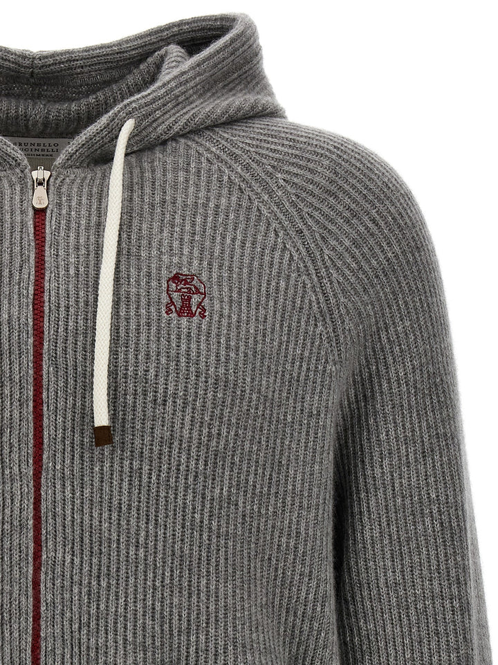 Logo Embroidered Hooded Cardigan Sweater, Cardigans Gray