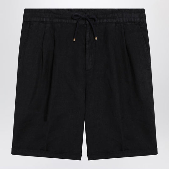 Navy Blue Linen Drawstring Bermuda Shorts