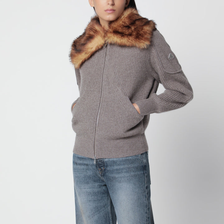 Moose Knuckles Grey Wool Cardigan With Faux Fur Collar