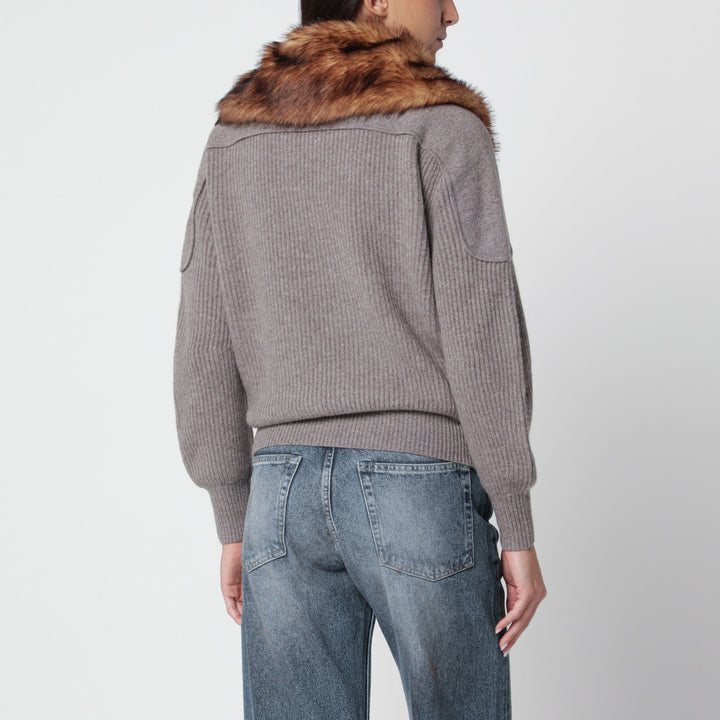 Moose Knuckles Grey Wool Cardigan With Faux Fur Collar
