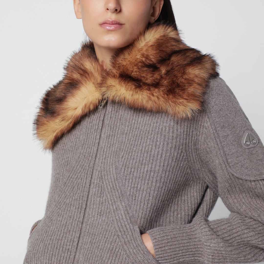 Moose Knuckles Grey Wool Cardigan With Faux Fur Collar