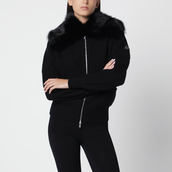 Black Wool Cardigan With Faux Fur Collar