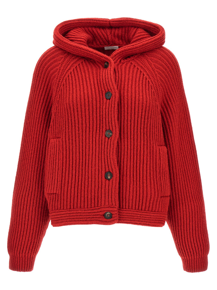 Ribbed Hooded Cardigan Sweater, Cardigans Red