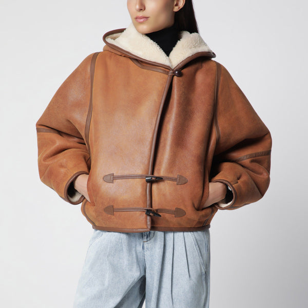 Amiel Hooded Shearling Short Coat In Cognac