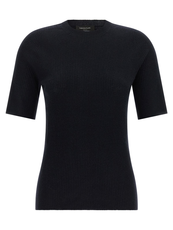 Ribbed Knit T-Shirt Blue