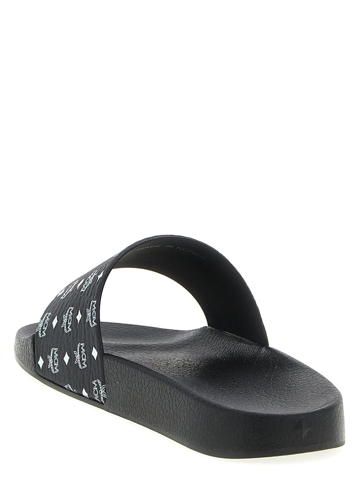 Mcm Logo Slides Sandals - Black | 744d9f0775d73cdce1652f894ffe83e70b3f1e7d