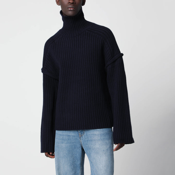 SéFr Dark Navy Blue Ribbed Wool Turtleneck Sweater