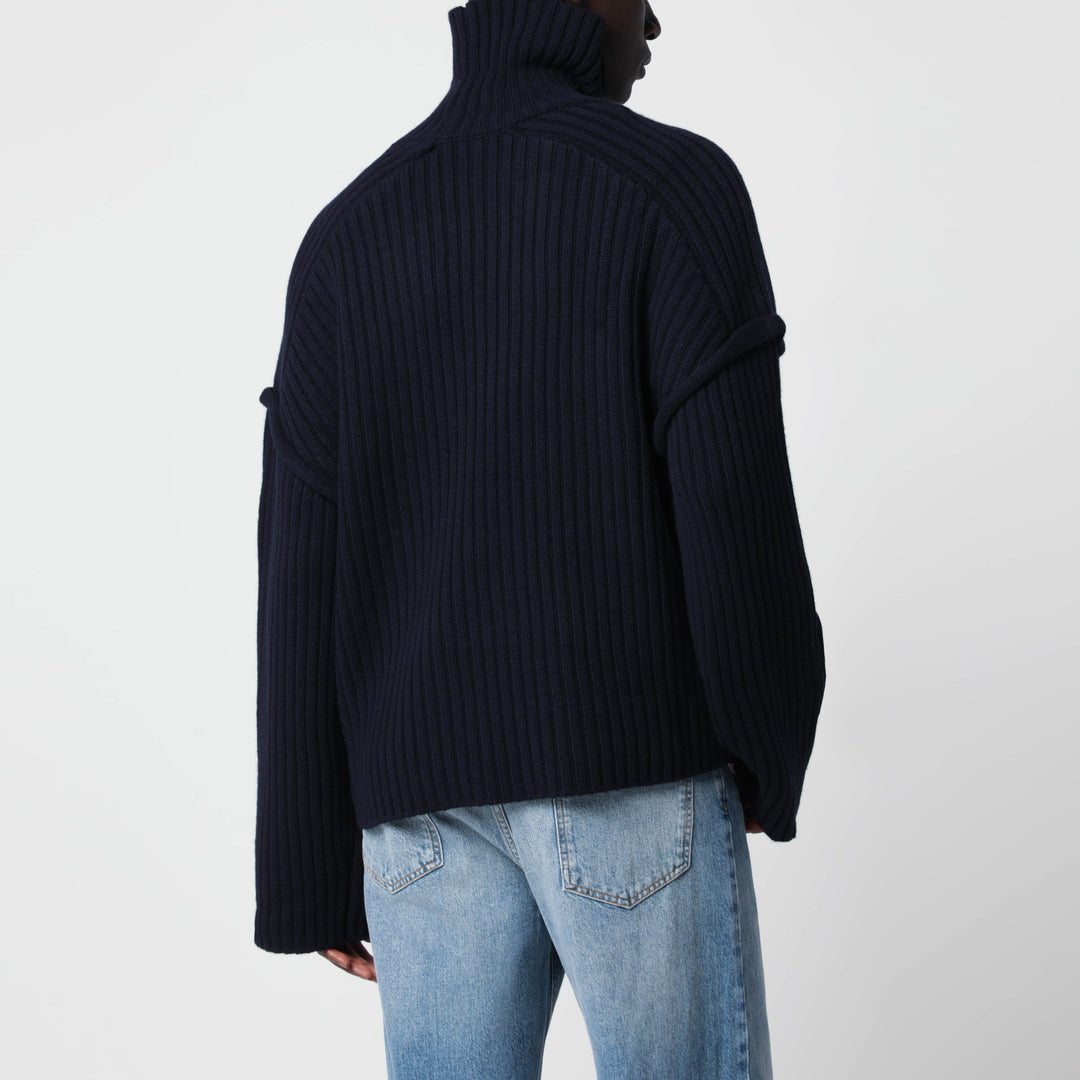 SéFr Dark Navy Blue Ribbed Wool Turtleneck Sweater