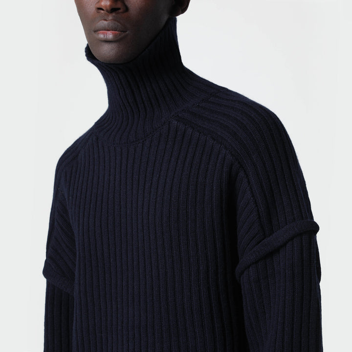 SéFr Dark Navy Blue Ribbed Wool Turtleneck Sweater