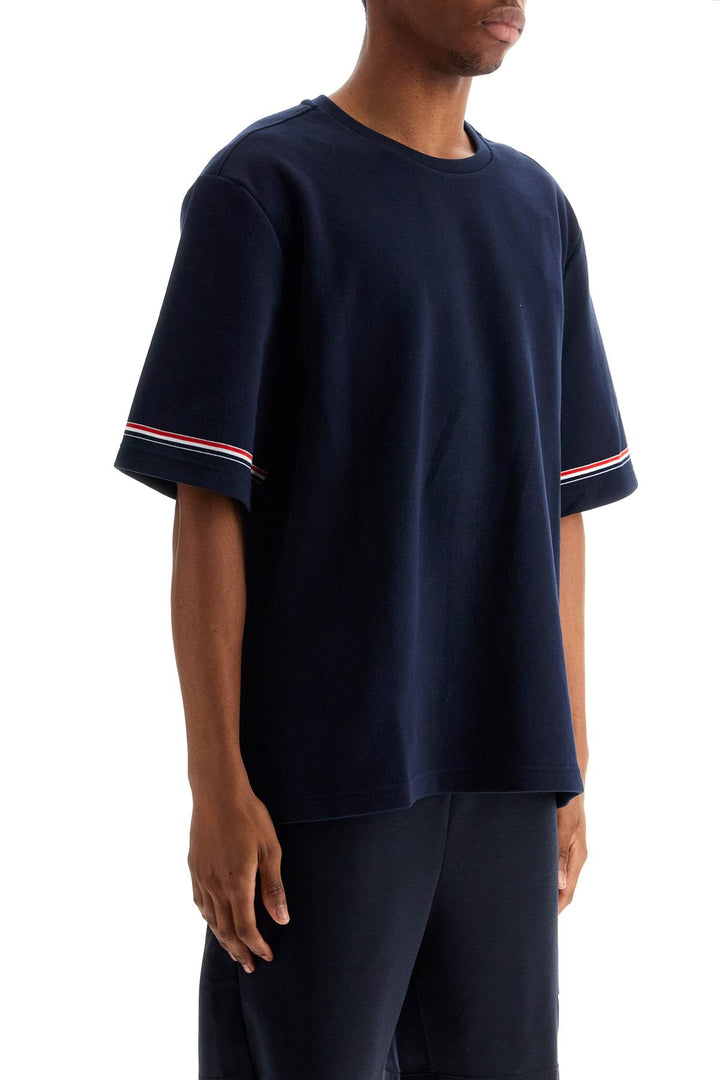 Navy Blue Striped Cotton T Shirt With Wide Neck