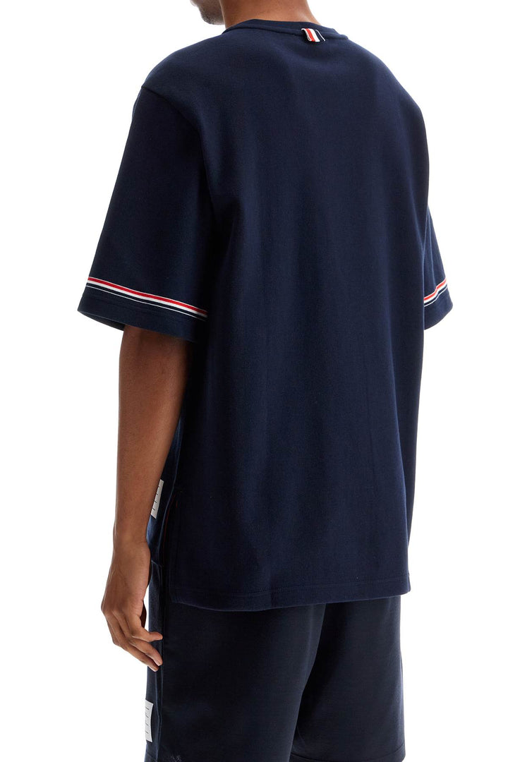 Navy Blue Striped Cotton T Shirt With Wide Neck