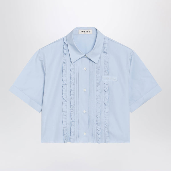 Light Blue Cropped Poplin Shirt With Ruffles