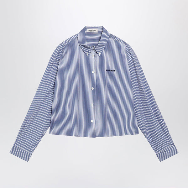 White/Cobalt Striped Cropped Shirt With Logo Embroidery