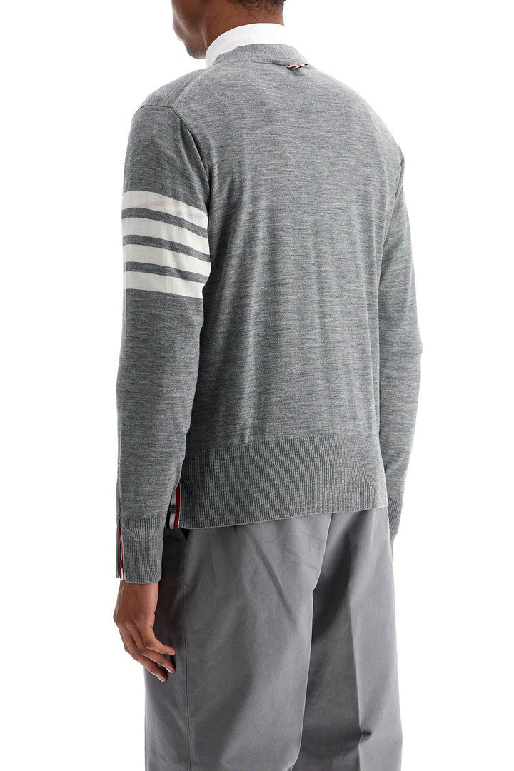 Men's Cardigan In Pale Grey Merino Wool With 4 White Stripes