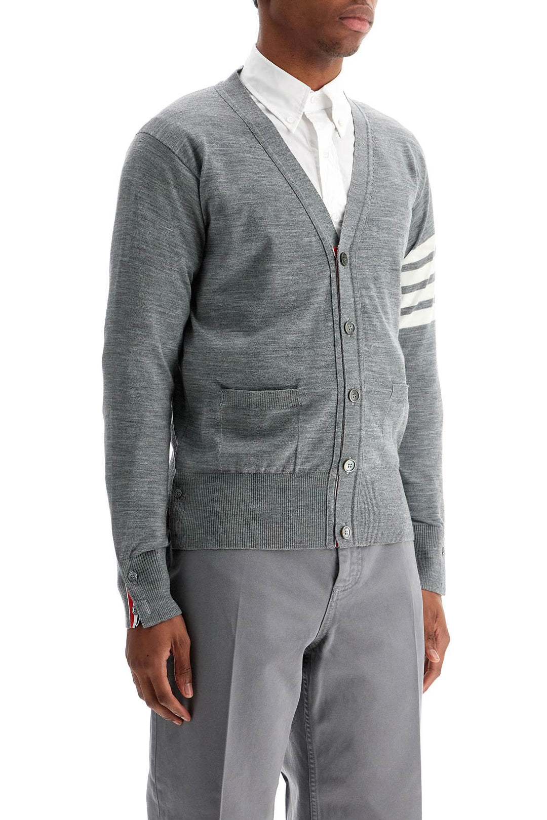 Men's Cardigan In Pale Grey Merino Wool With 4 White Stripes