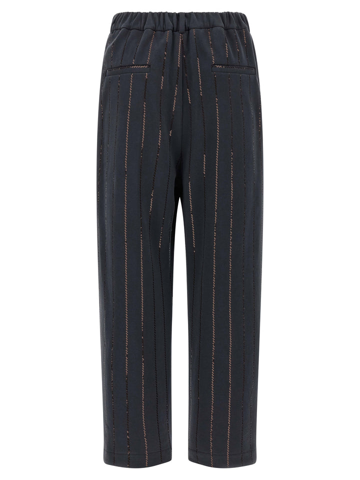 Brunello Cucinelli Dazzling Chalk Stripe Embroidery Pants - Gray | 89b8c884c9babee2d863ee2b5a313649b8b2f717