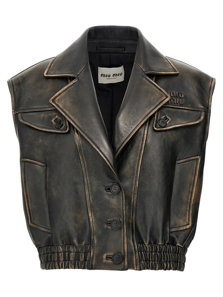 Miu Miu Logo Nappa Vest Gilet - Brown | 757034be5ec8f569d2eb079fa3e389c8153e3a1a
