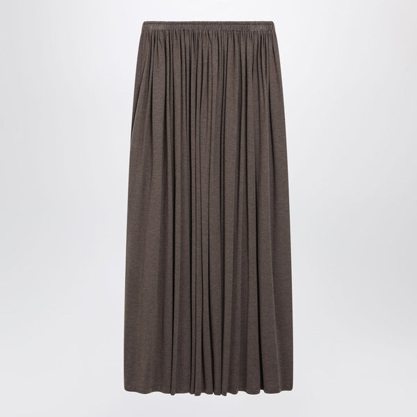 Long Pleated Skirt In Dark Khaki Lightweight Jersey