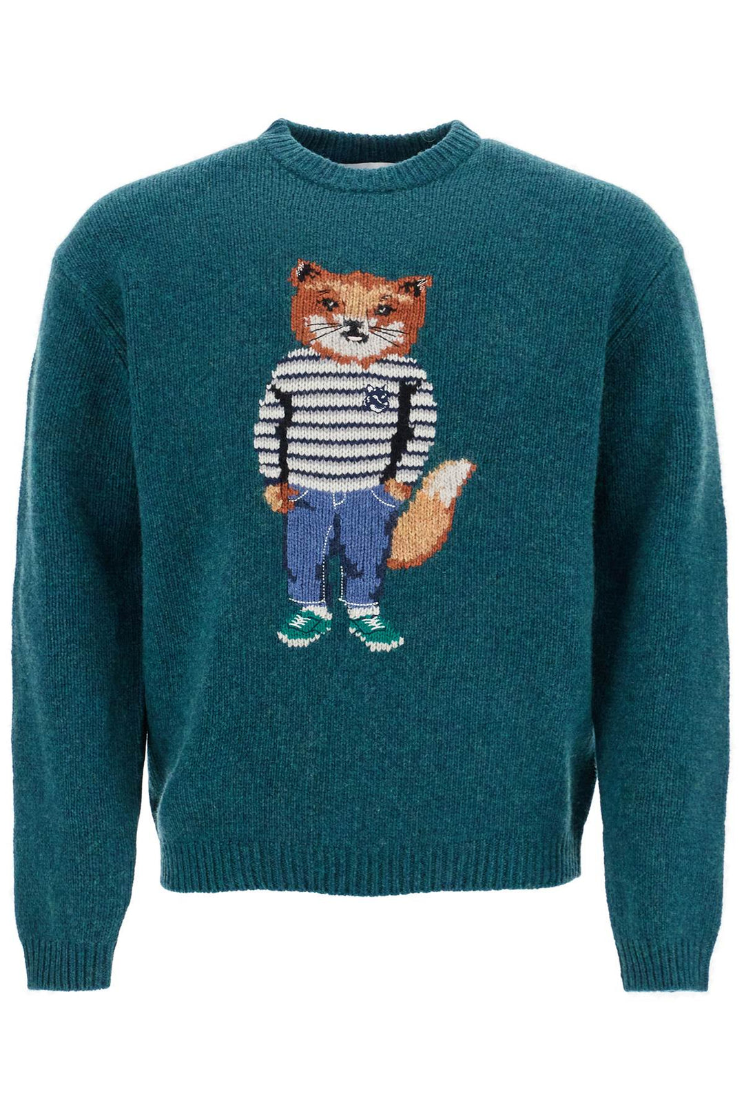 Green Wool Sweater With Fox Intarsia