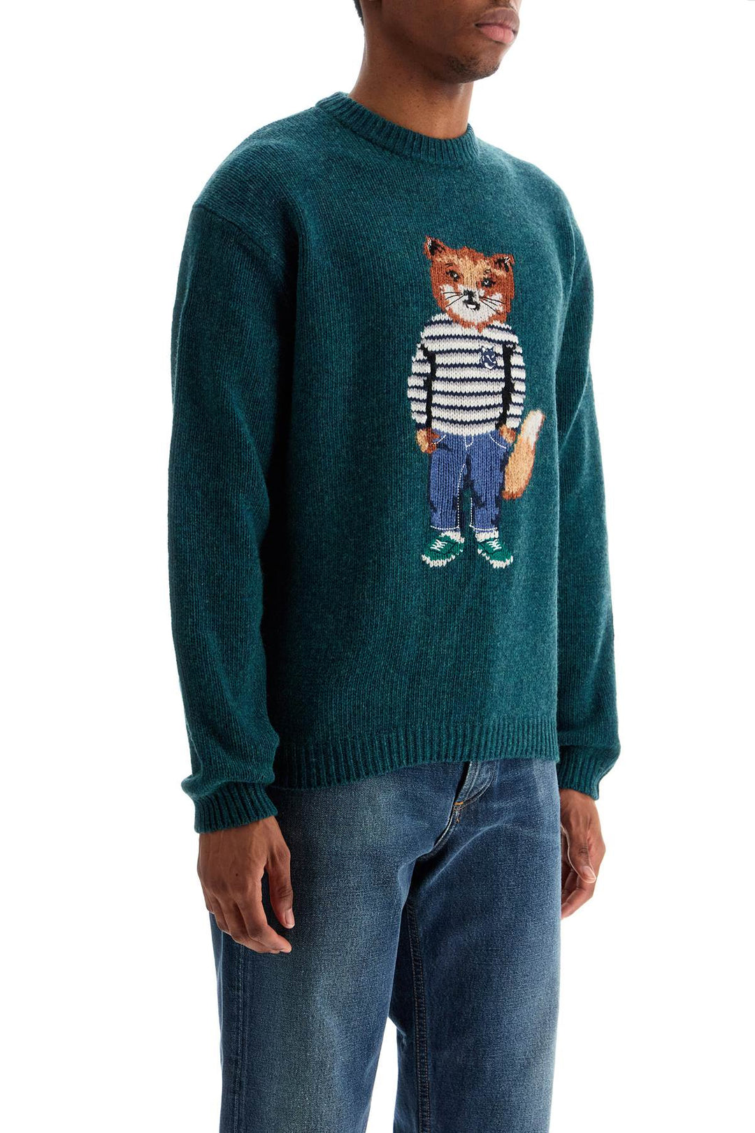 Green Wool Sweater With Fox Intarsia