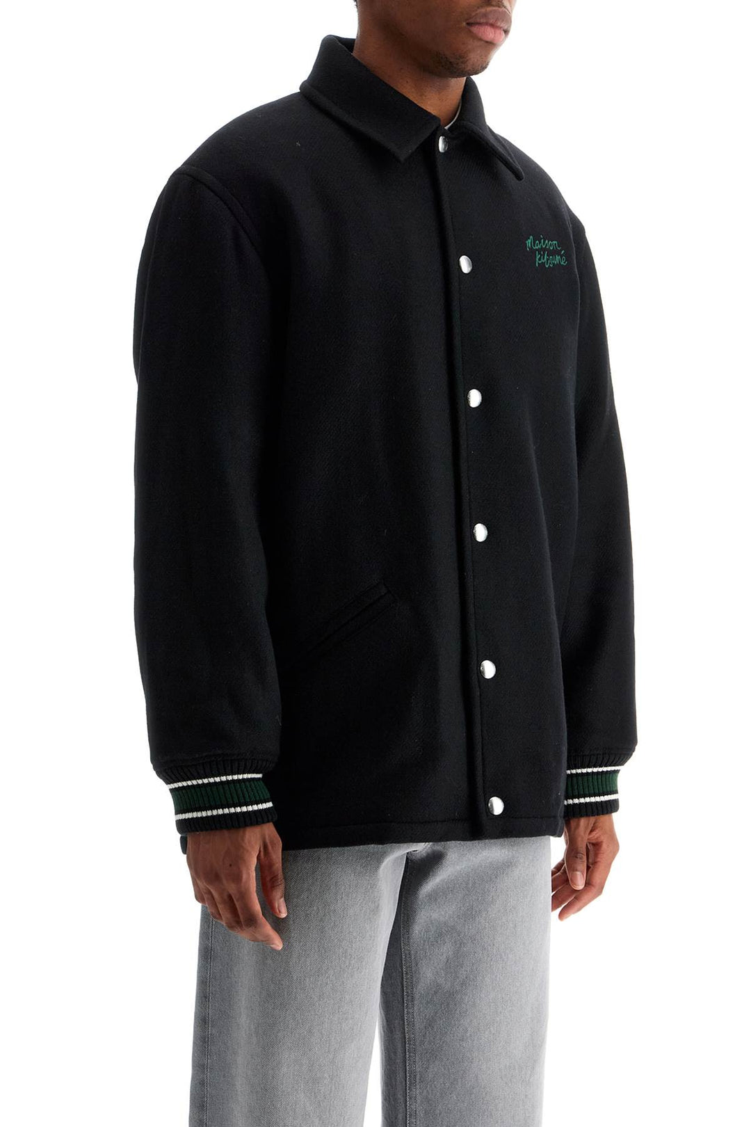 Black Wool Varsity Jacket With Embroidery