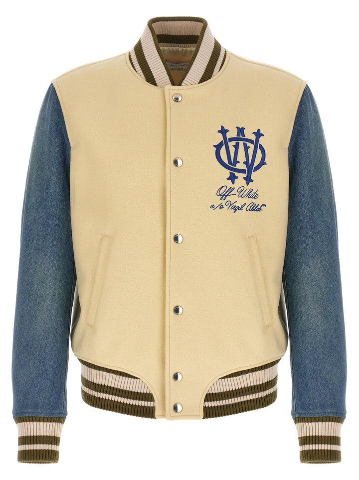 Off-White Gothic Wool Denim Varsity Puffer Jackets - Multicolor | 3ddb819f078e2bdb6211bc4bb0cebba4c3ab642e