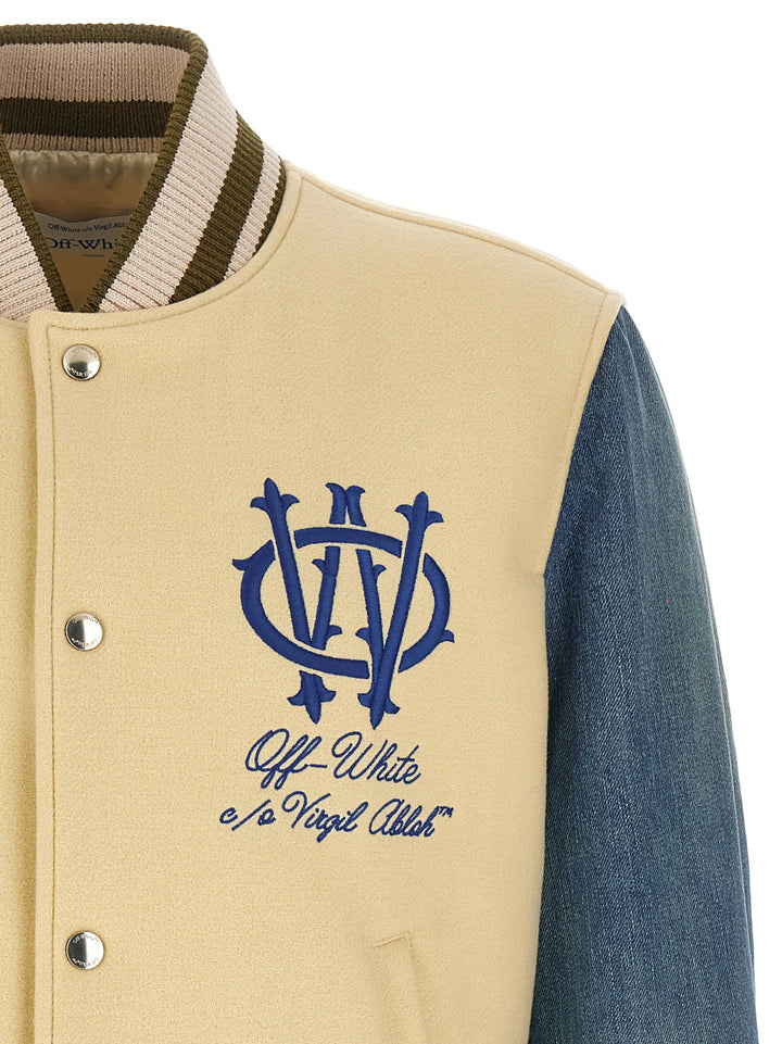 Off-White Gothic Wool Denim Varsity Puffer Jackets - Multicolor | 600e68a4e2f369f3ee920ee951375ffdc1c1537b