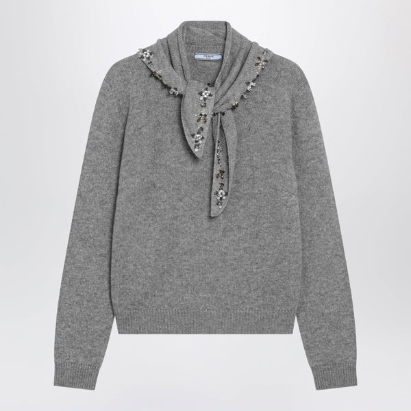 Grey Cashmere Sweater With Jeweled Scarf