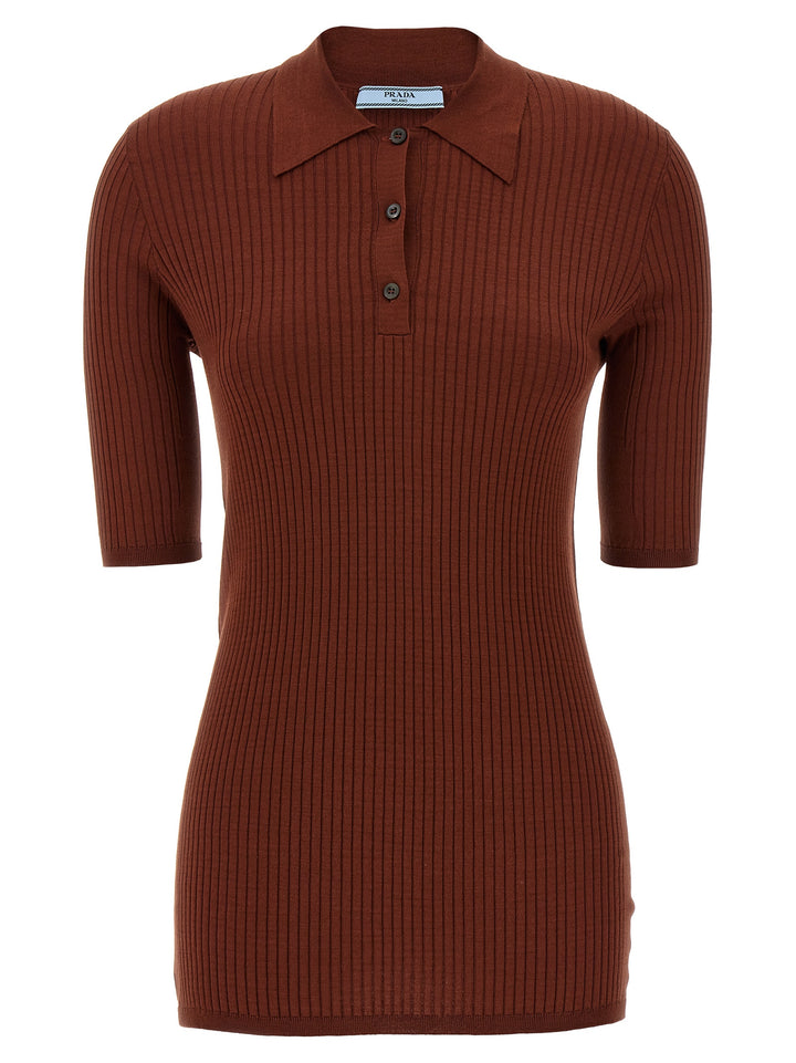 Prada Ribbed  Shirt Polo - Brown | 0ef35dee12d6326552c7c4ba40083fad458a2a2f