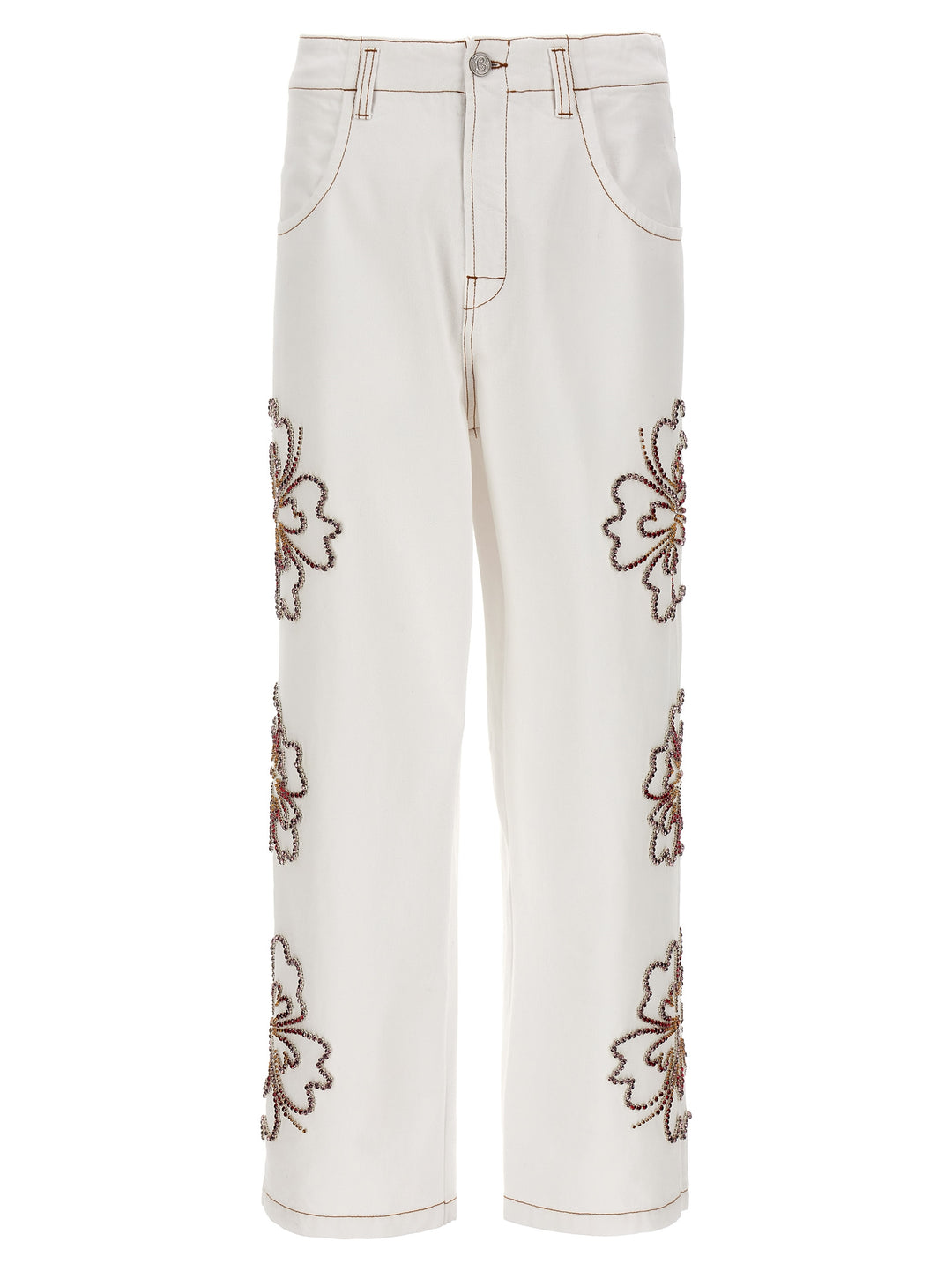 Embroidered Hibiscus Jeans White