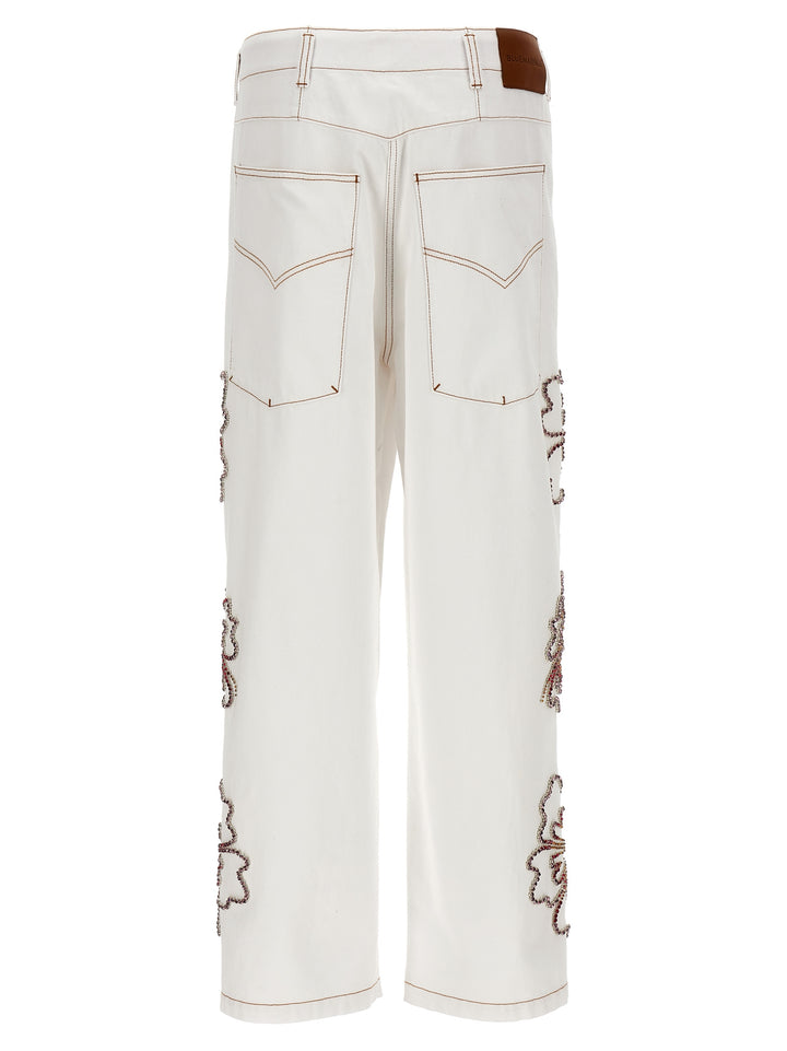 Embroidered Hibiscus Jeans White