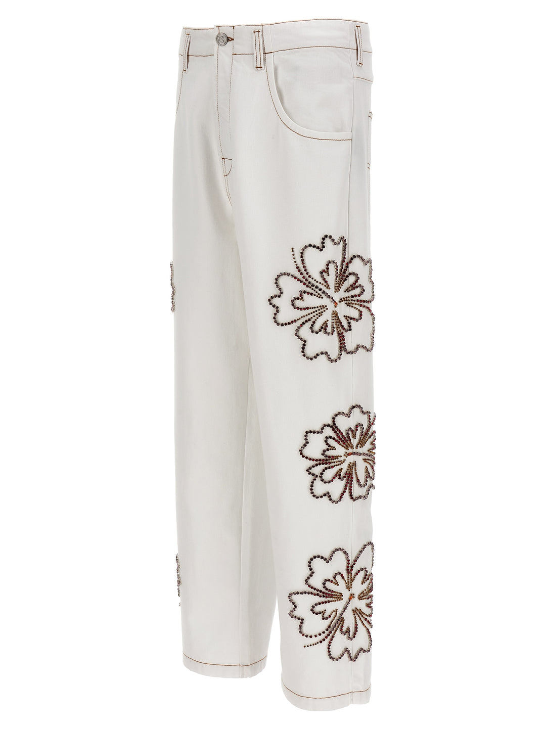 Embroidered Hibiscus Jeans White