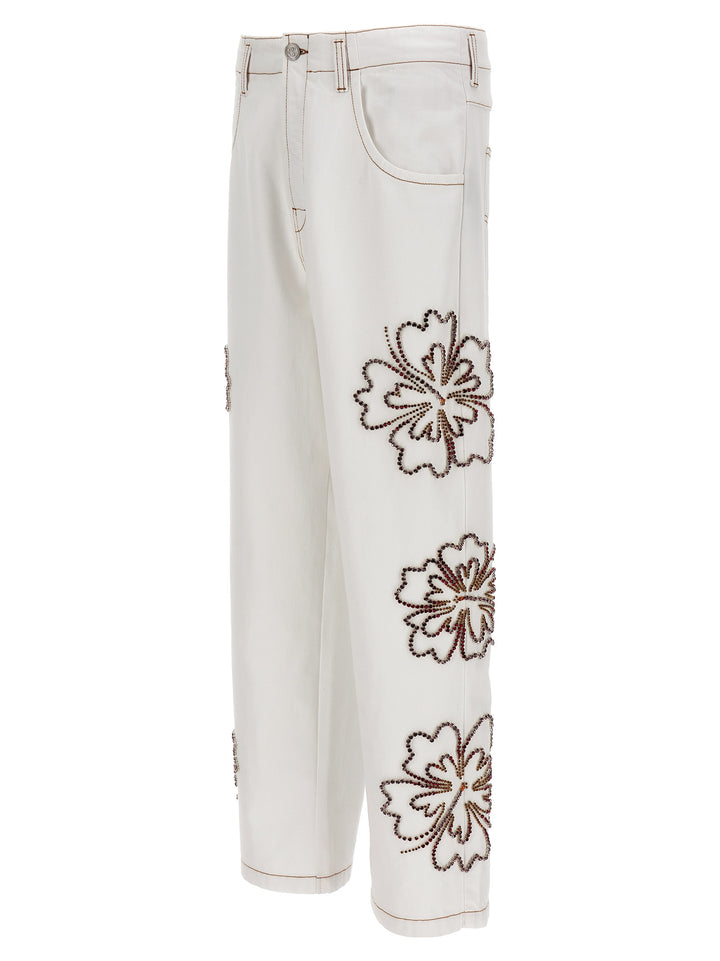 Embroidered Hibiscus Jeans White