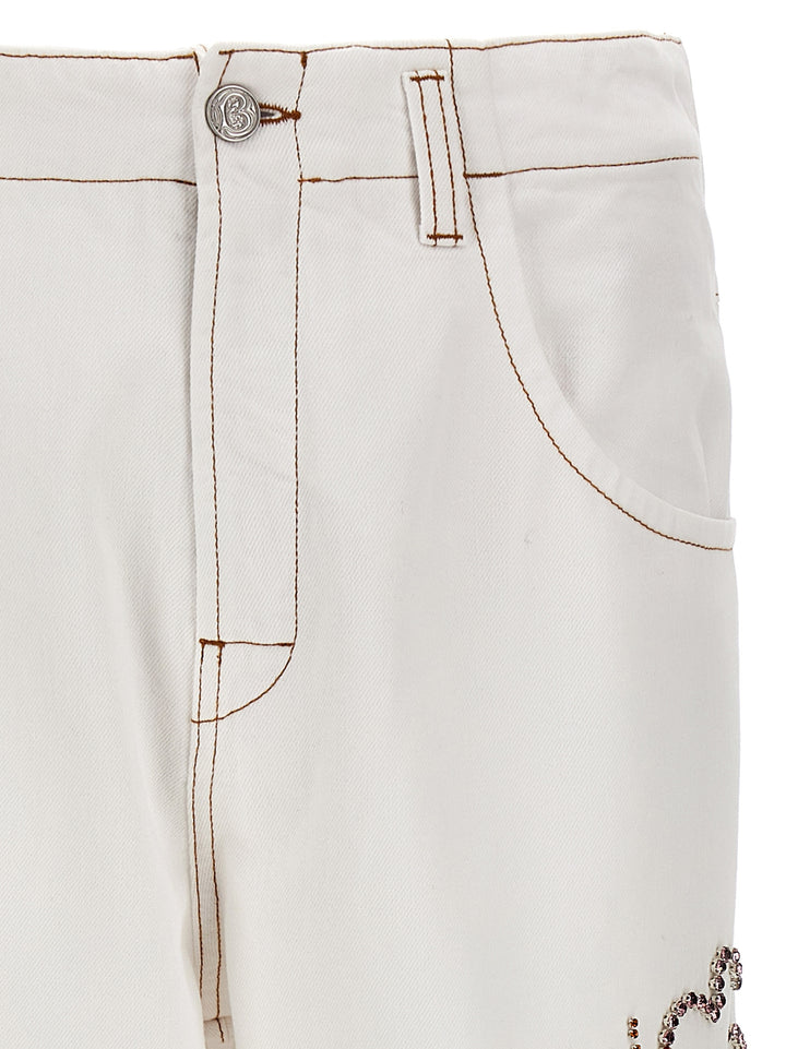 Embroidered Hibiscus Jeans White