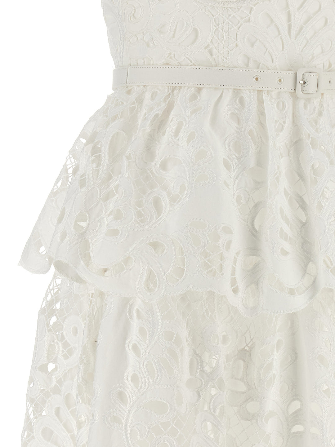 White Cotton Lace Tiered Midi Dresses White