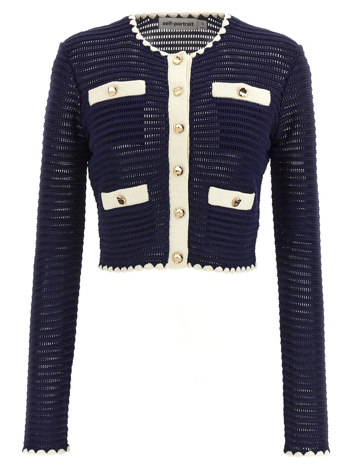 Navy Crochet Contrast Trim Sweater, Cardigans Blue