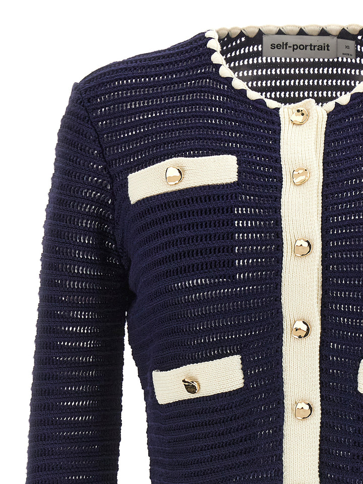 Navy Crochet Contrast Trim Sweater, Cardigans Blue