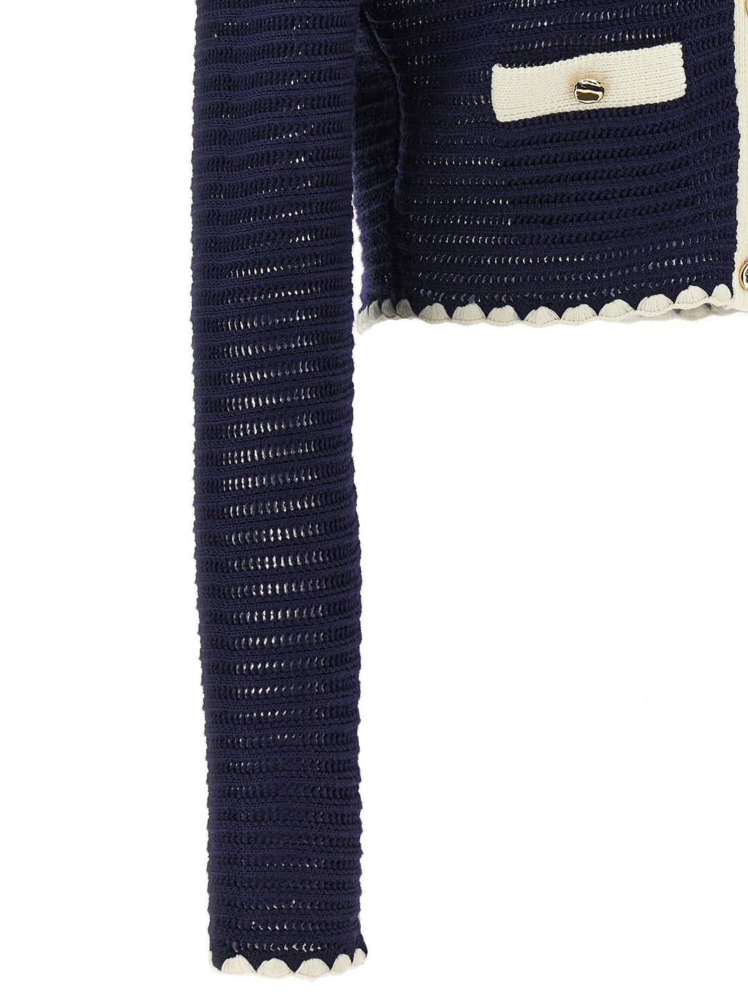 Navy Crochet Contrast Trim Sweater, Cardigans Blue