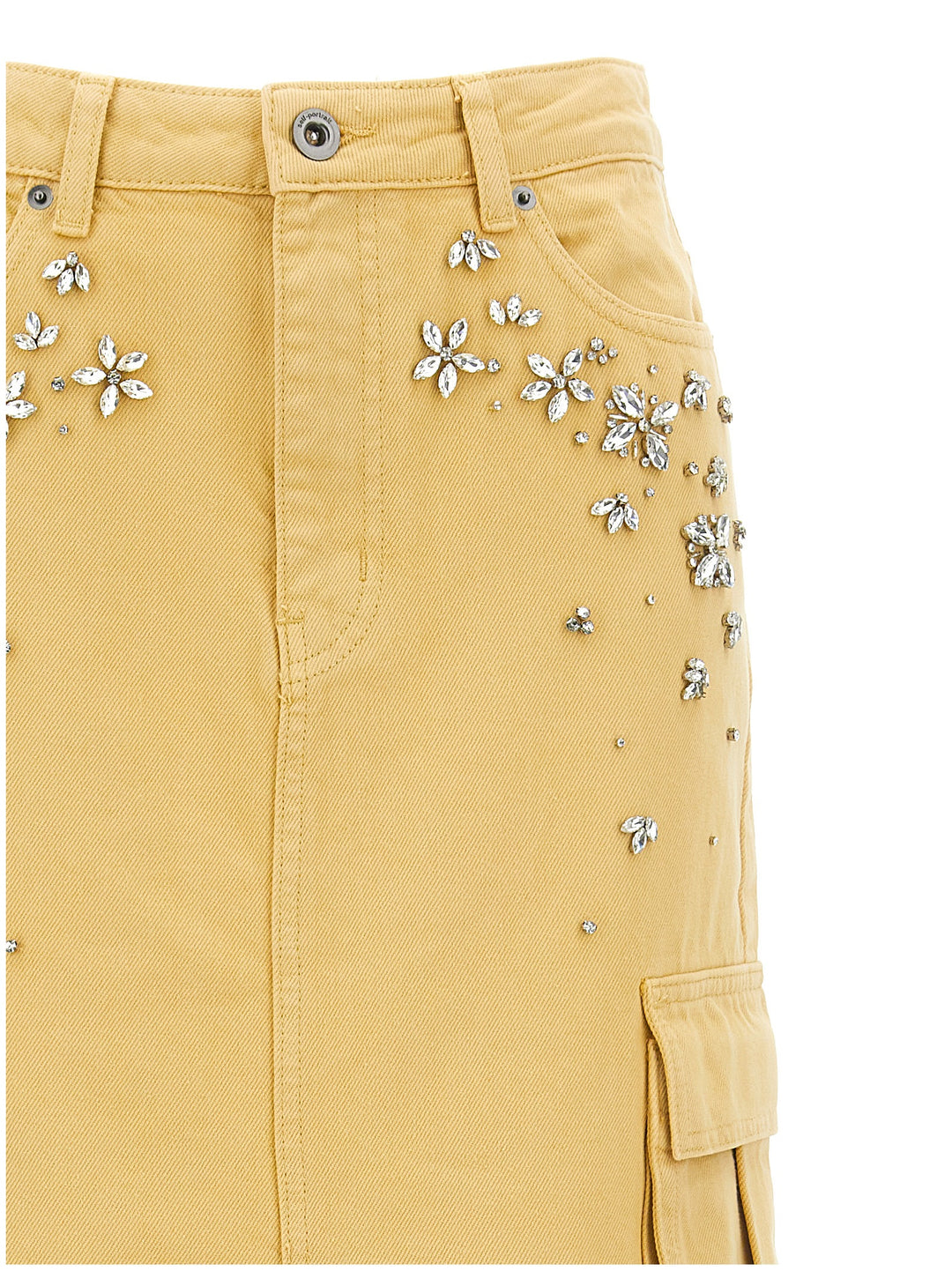 Embellished Denim Cargo Maxi Skirts Beige