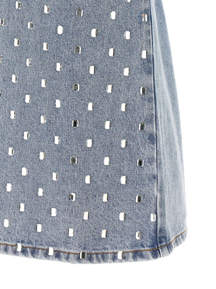 Square Rhinestone Denim Mini Dresses Light Blue