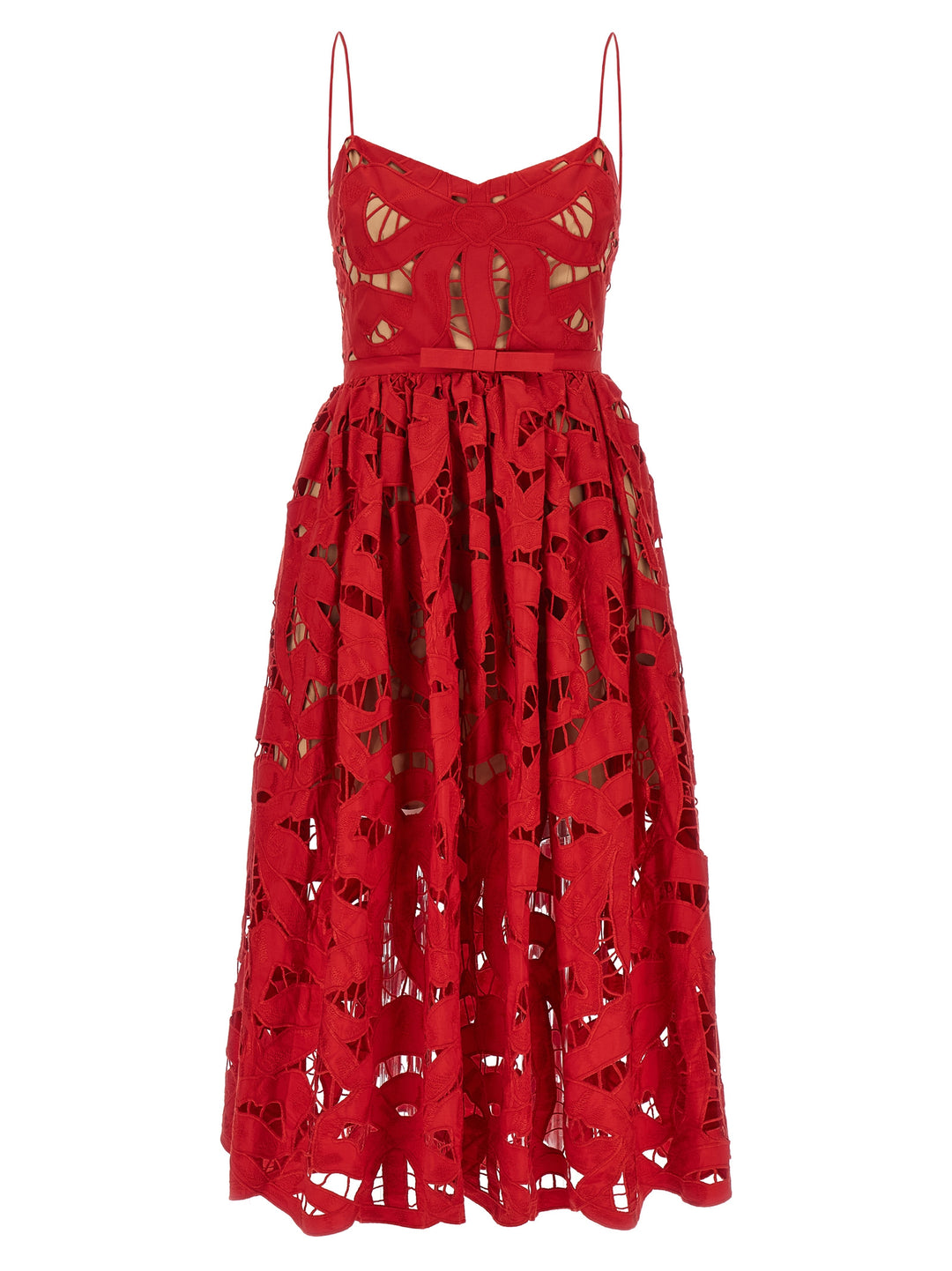 Self Portrait Red Bow Embroidered Midi Dresses - Red | 273b83ae2fc1440184a4732259357c3a8766dd81