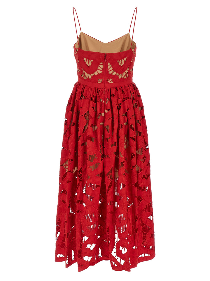 Self Portrait Red Bow Embroidered Midi Dresses - Red | b5ce7a802a31a52a8ae45ba5927ea7f96e556666