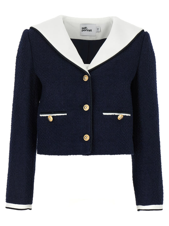 Navy Boucle Contrast Collar Blazers Blue