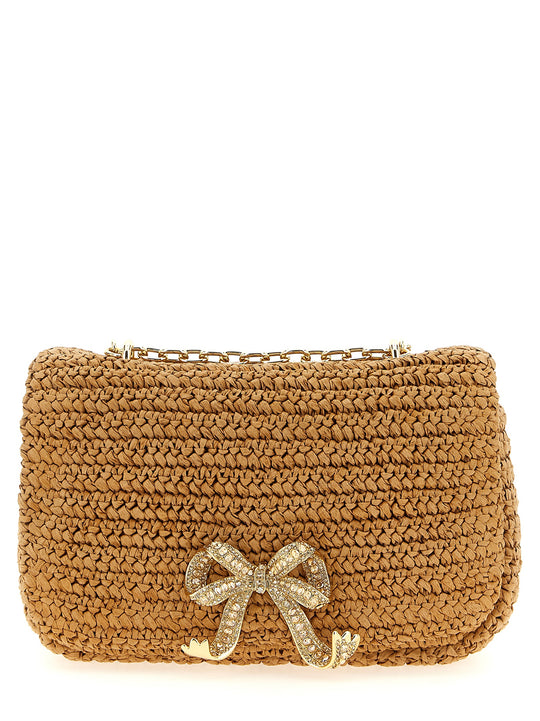 Raffia Bow Charm Shoulder Bags Beige