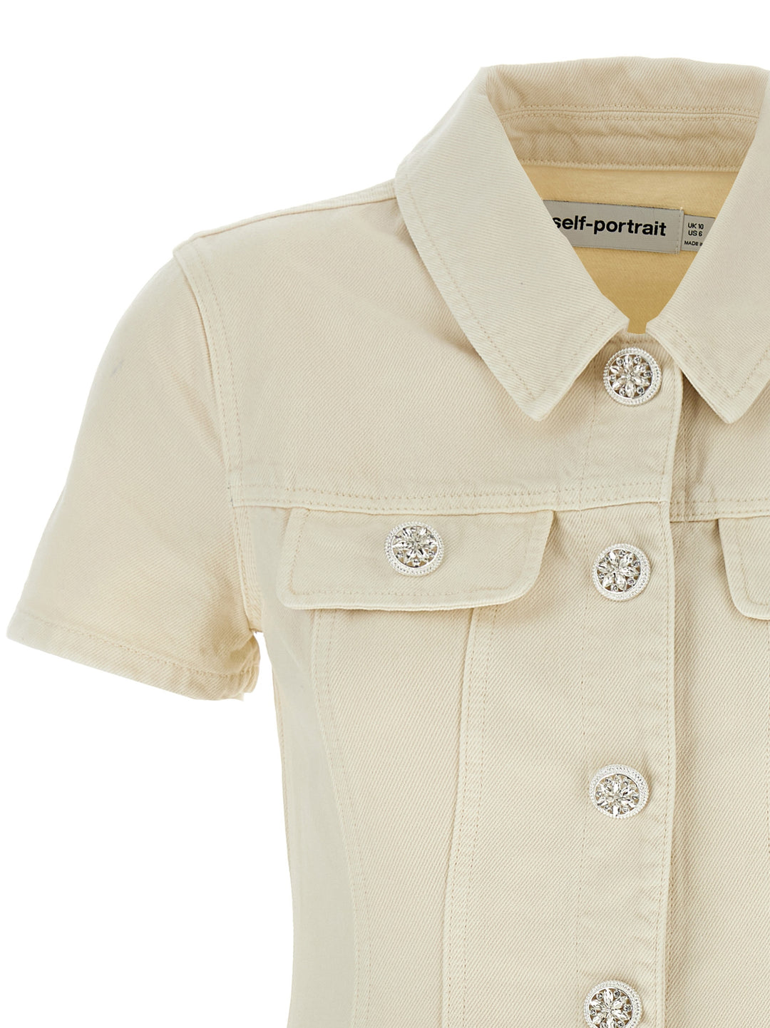 Self Portrait Cream Collared Denim Mini Dresses - White | 496fb90d04cc01ca6c814cc141971f5107fc489c